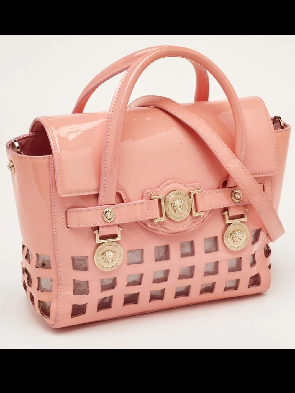 Versace Pink Patent Leather Medusa Cutout Satchel Crossbody Bag Golden Hardware - Picture 3 of 16